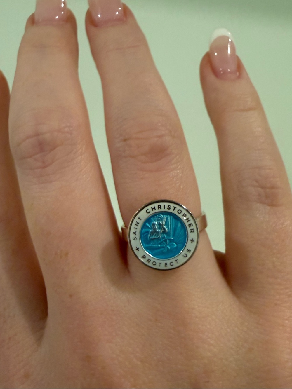 Sterling silver Saint Christopher medallion turquoise and white ring
